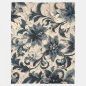 Quilted Cream en Navy Blue Floral Design Fleece Deken (Voorkant)