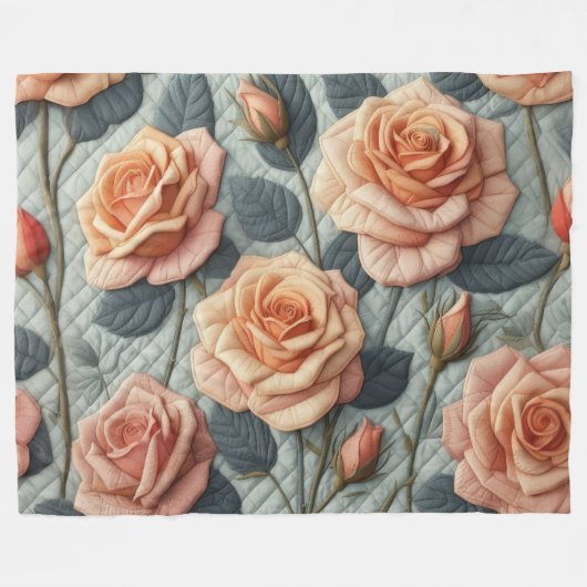Quilted Design van roze perzik Rozen op grijs Fleece Deken (Voorkant (Horizontaal))