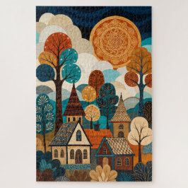 Quilted Folk Art Village - Patchwork Zon & Bomen L Legpuzzel