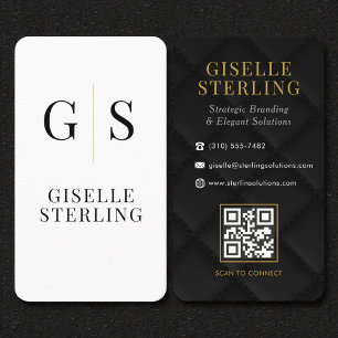 Quilted Luxe Zwart Wit Goud Monogram QR Code Visitekaartje