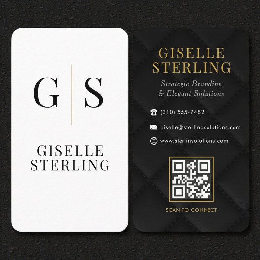 Quilted Luxe Zwart Wit Goud Monogram QR Code Visitekaartje