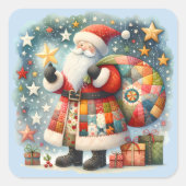Quilted Patchwork Kerstman met Kerststerren Vierkante Sticker (Voorkant)