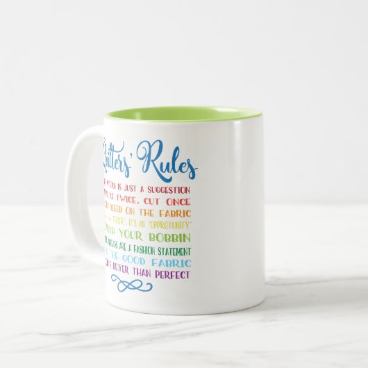 Quilter's Rules Tweekleurige Koffiemok (Voorkant links)