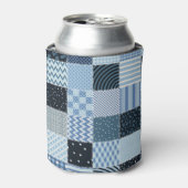 Quiltontwerp, geometrische patchwork, blauwe tinte blikjeskoeler (Blikje Voorkant)