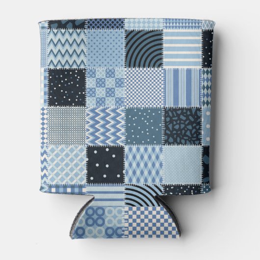 Quiltontwerp, geometrische patchwork, blauwe tinte blikjeskoeler (Voorkant)