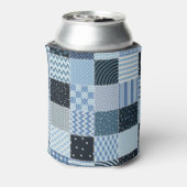 Quiltontwerp, geometrische patchwork, blauwe tinte blikjeskoeler (Blikje Achterkant)
