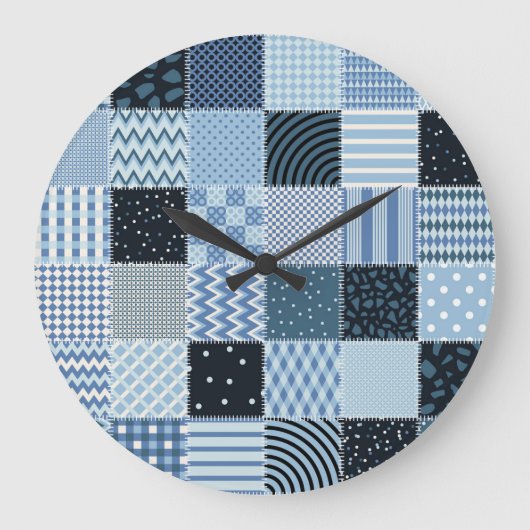Quiltontwerp, geometrische patchwork, blauwe tinte grote klok (Voorkant)