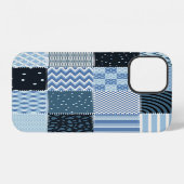 Quiltontwerp, geometrische patchwork, blauwe tinte iPhone hoesje (Achterkant horizontaal)