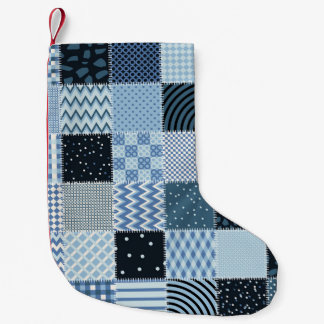 Quiltontwerp, geometrische patchwork, blauwe tinte kleine kerstsok