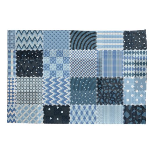 Quiltontwerp, geometrische patchwork, blauwe tinte kussensloop (Achterkant)