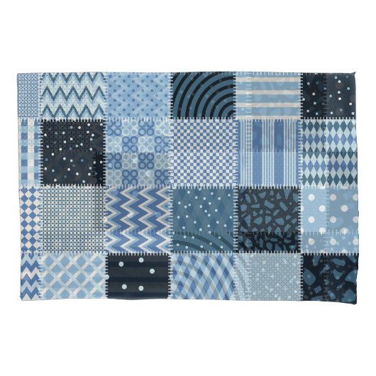 Quiltontwerp, geometrische patchwork, blauwe tinte kussensloop (Voorkant)