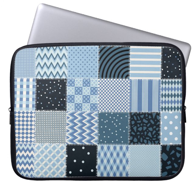 Quiltontwerp, geometrische patchwork, blauwe tinte laptop sleeve (Voorkant)