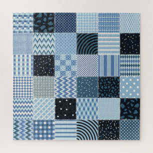 Quiltontwerp, geometrische patchwork, blauwe tinte legpuzzel