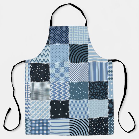 Quiltontwerp, geometrische patchwork, blauwe tinte schort (Voorkant)