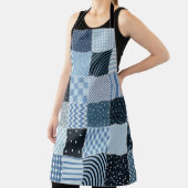 Quiltontwerp, geometrische patchwork, blauwe tinte schort (Insitu)