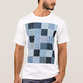 Quiltontwerp, geometrische patchwork, blauwe tinte t-shirt