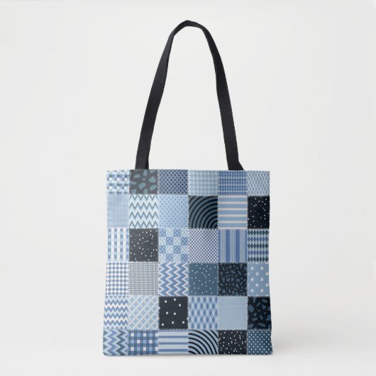 Quiltontwerp, geometrische patchwork, blauwe tinte tote bag (Voorkant)