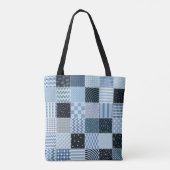 Quiltontwerp, geometrische patchwork, blauwe tinte tote bag (Achterkant)