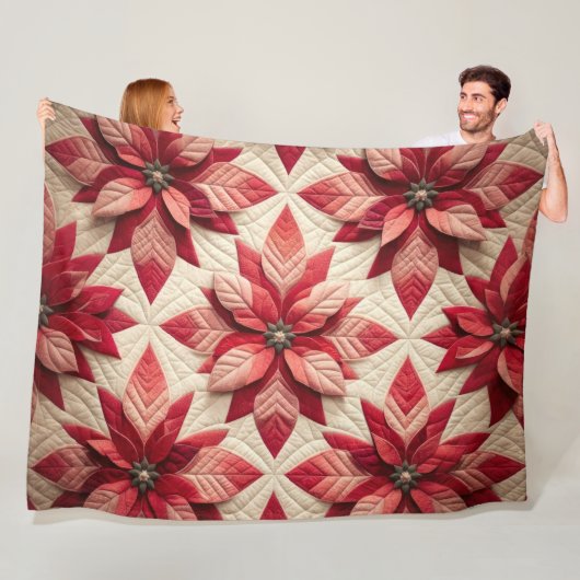 Quiltpatroon Poinsettia Cream Red Fleece Deken (In situ)