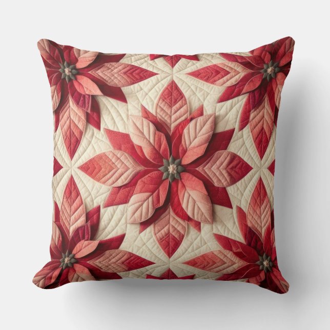 Quiltpatroon Poinsettia Cream Red Kussen (Voorkant)