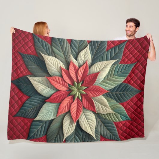 Quiltpatroon Poinsettia rood Fleece Deken (In situ)