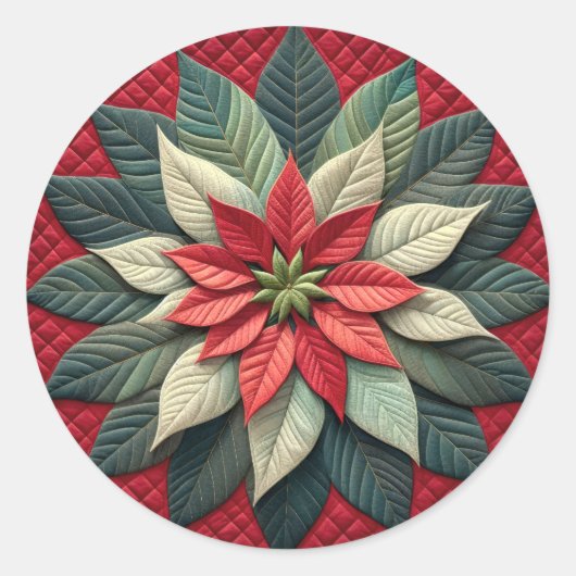 Quiltpatroon Poinsettia rood Ronde Sticker (Voorkant)