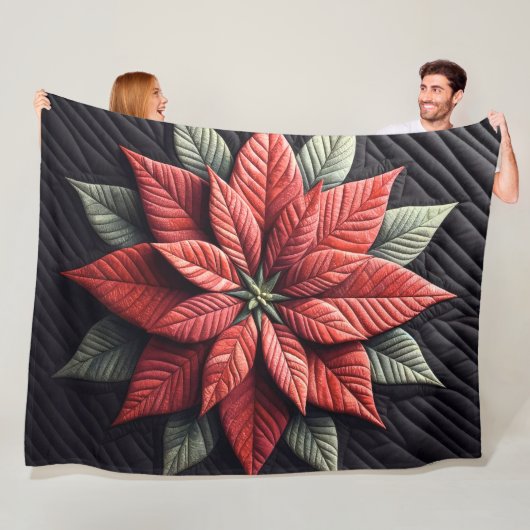 Quiltpatroon Poinsettia Zwart Fleece Deken (In situ)