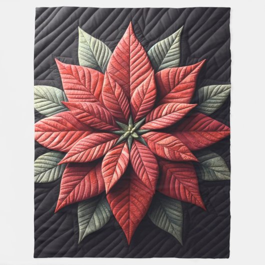 Quiltpatroon Poinsettia Zwart Fleece Deken (Voorkant)