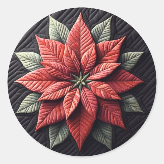 Quiltpatroon Poinsettia Zwart Ronde Sticker (Voorkant)