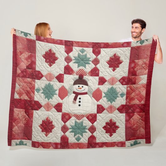 Quiltpatroon Sneeuwman rood wit groen Fleece Deken (In situ)