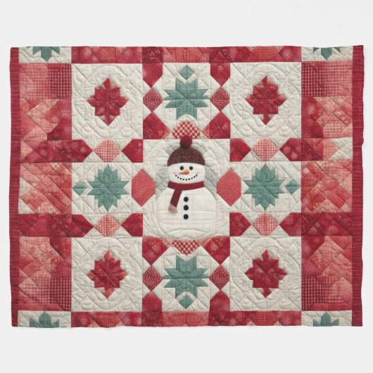 Quiltpatroon Sneeuwman rood wit groen Fleece Deken (Voorkant (Horizontaal))