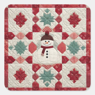 Quiltpatroon Sneeuwman Rood Wit Groen Vierkante Sticker