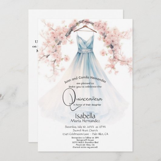 Quincañera | Bleke Blauwe Gown Roze Bloesems Kaart (Voorkant / Achterkant)