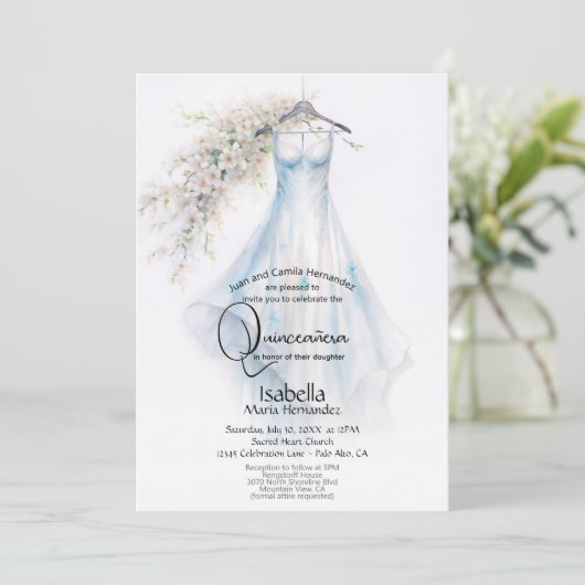 Quincañera | Bleke Blauwe Gown Witte Bloesems Kaart (Staand voorkant)