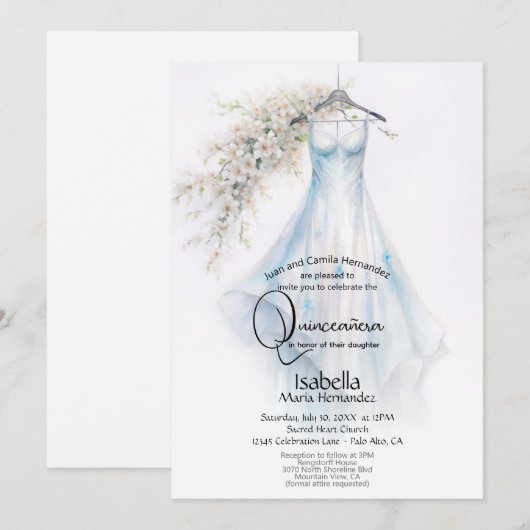 Quincañera | Bleke Blauwe Gown Witte Bloesems Kaart (Voorkant / Achterkant)