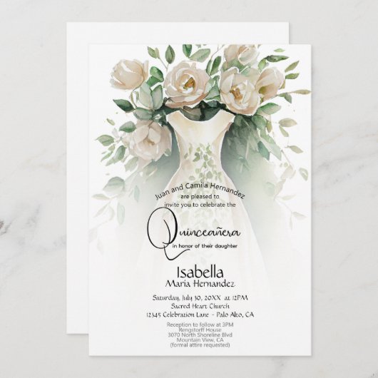 Quincañera | Ivoor Bloemen en Jurk Kaart (Voorkant / Achterkant)