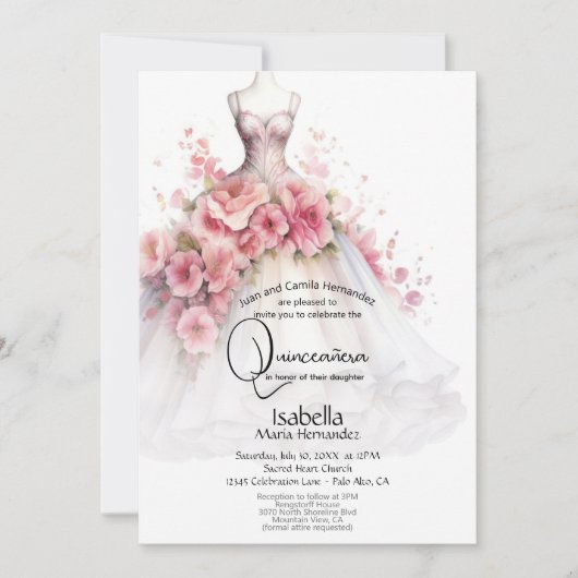 Quincañera | Witte en roze Camellia jurk Kaart (Voorkant)