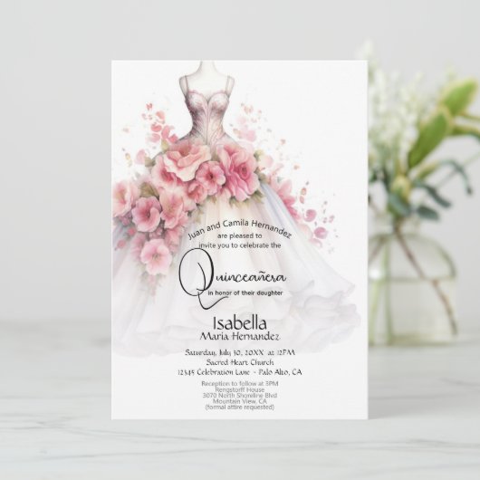 Quincañera | Witte en roze Camellia jurk Kaart (Staand voorkant)