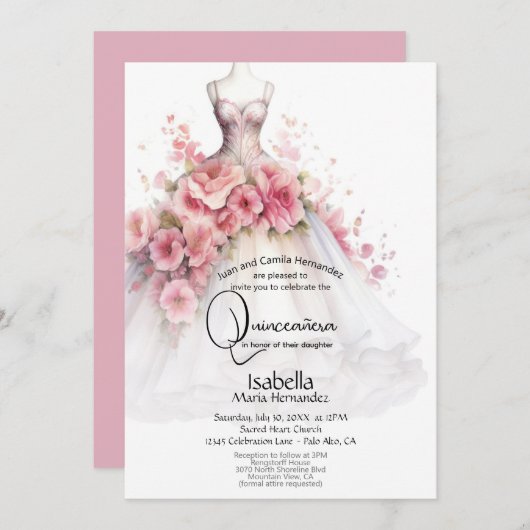 Quincañera | Witte en roze Camellia jurk Kaart (Voorkant / Achterkant)