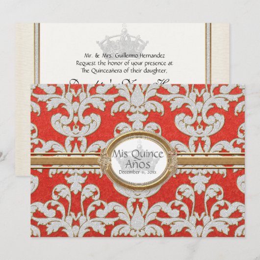 Quince Anos - Elegant Bloemenblad Damast Barok Kaart (Voorkant / Achterkant)