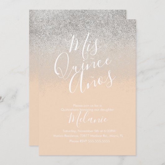 Quiñce Faux Glitter Diamond Peach Silver Birthday Kaart (Voorkant / Achterkant)