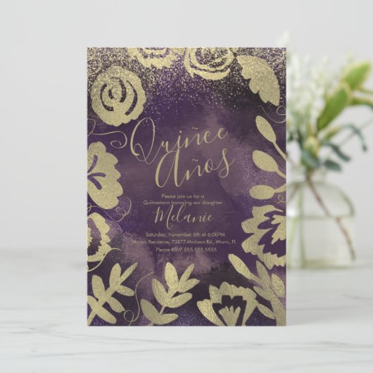 Quiñce Faux Glitter Paars Floral Gold Birthday Kaart (Staand voorkant)