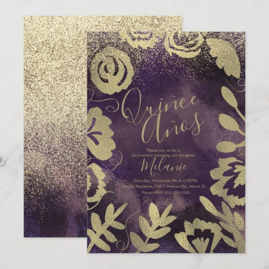 Quiñce Faux Glitter Paars Floral Gold Birthday Kaart (Voorkant / Achterkant)