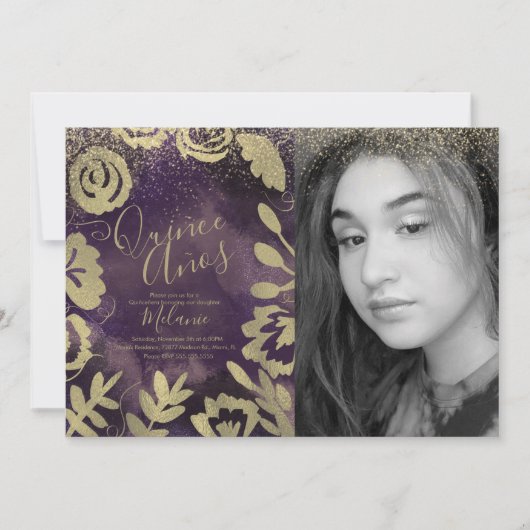 Quiñce Faux Glitter Paars Floral Gold Photo Kaart (Voorkant)