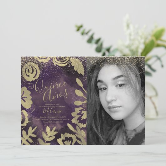 Quiñce Faux Glitter Paars Floral Gold Photo Kaart (Staand voorkant)