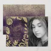 Quiñce Faux Glitter Paars Floral Gold Photo Kaart (Voorkant / Achterkant)