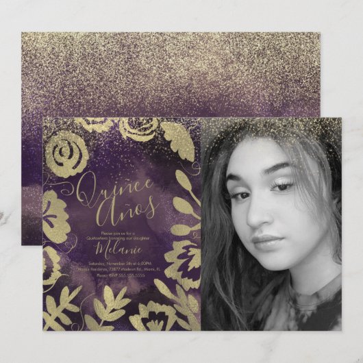 Quiñce Faux Glitter Paars Floral Gold Photo Kaart (Voorkant / Achterkant)