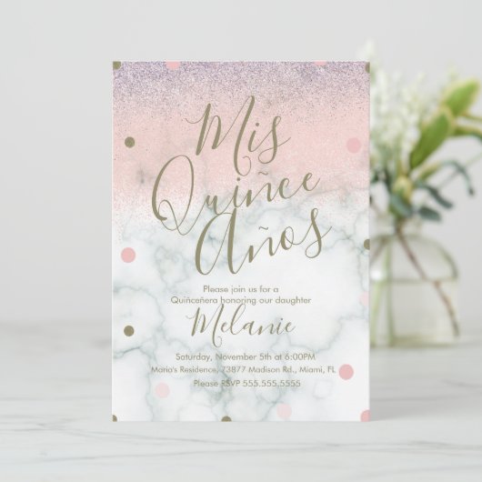 Quiñce Faux Glitter Stippen Gold Pink Marmer Kaart (Staand voorkant)