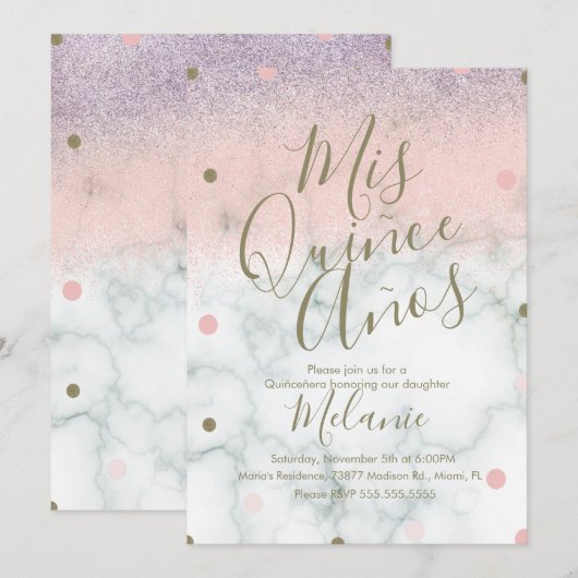 Quiñce Faux Glitter Stippen Gold Pink Marmer Kaart (Voorkant / Achterkant)