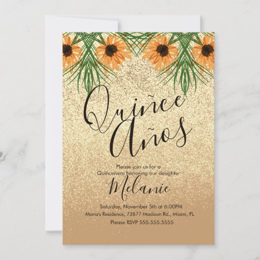 Quiñce Faux Glitter Sunflower Birthday Uitnodiging (Voorkant)